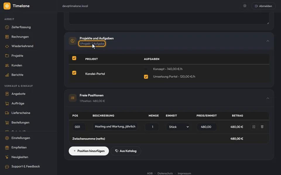 Die Aufgabe „Umsetzung Portal“ angehakt