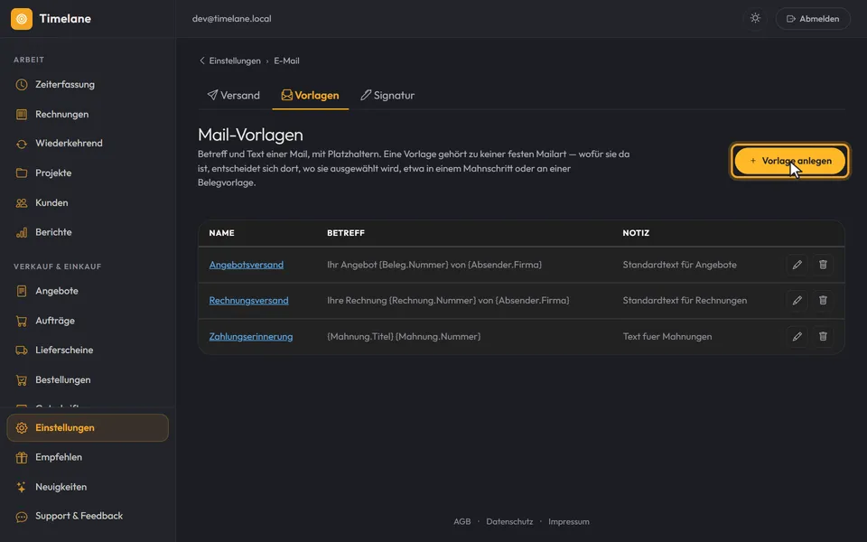 Die Liste der Mail-Vorlagen mit dem Knopf „Vorlage anlegen“