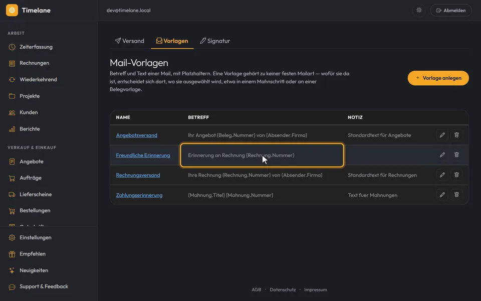 Die neue Vorlage in der Liste