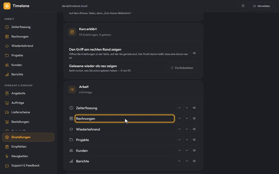 Die Seite „Menü anpassen“ mit den Gruppen und Einträgen