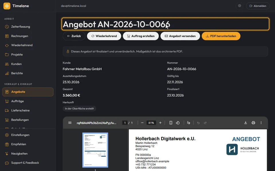 Das finalisierte Angebot mit seiner Nummer im Kopf