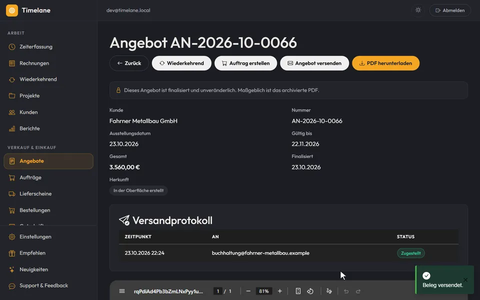 „Senden“ in der Vorschau der Angebotsmail