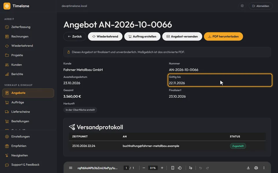 Das Versandprotokoll mit „Zugestellt“ und das Feld „Gültig bis“