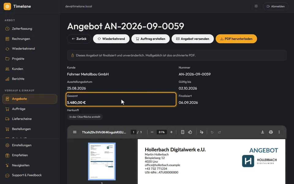 Das finalisierte Angebot mit seinen Angaben