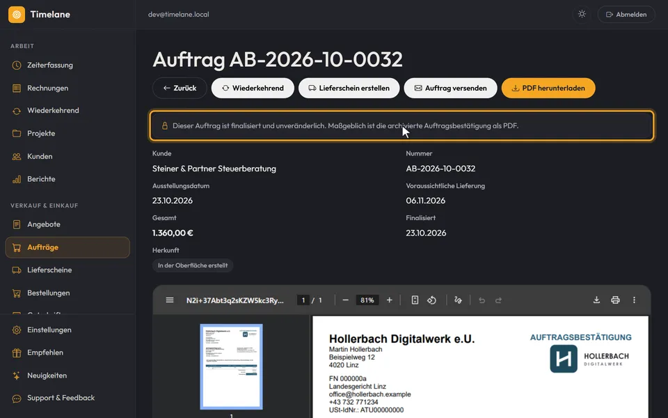 Der finalisierte Auftrag mit Nummer und dem Hinweis, dass er unveränderlich ist