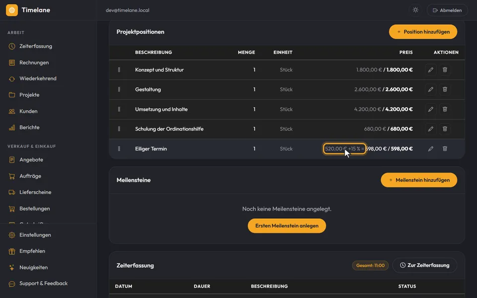Die Position mit Grundpreis, Zuschlag und Endpreis