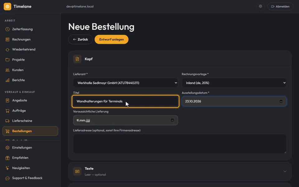 Die neue Bestellung mit gewähltem Lieferanten und Titel