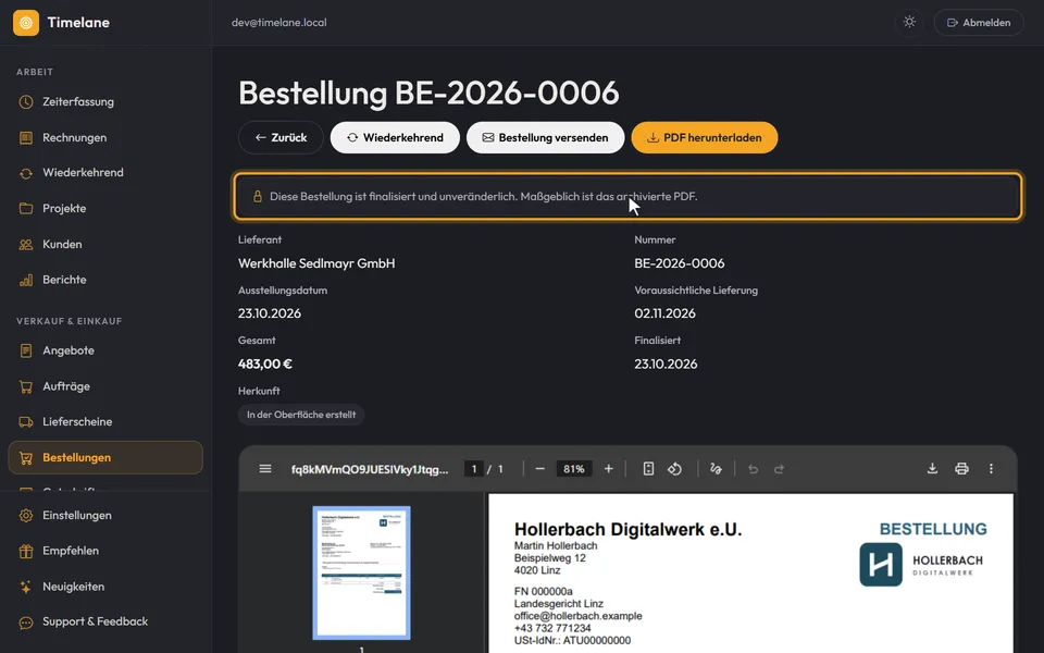 Die finalisierte Bestellung mit Nummer und dem Hinweis, dass sie unveränderlich ist