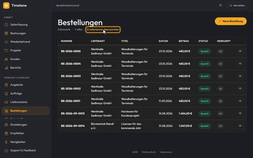 Der Hinweis „1 Liefertermin überschritten“ im Kopf der Liste