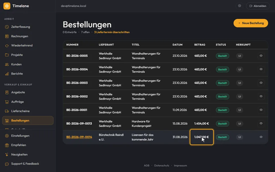 Betrag und das Abzeichen „Bestellt“ in der Bestellliste
