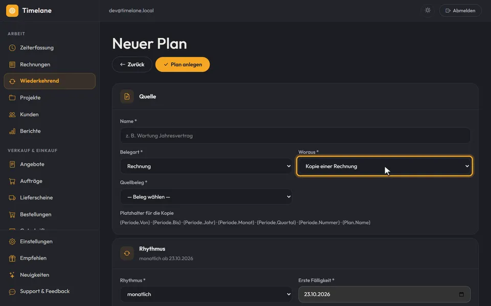 Das Formular „Neuer Plan“ mit Belegart und Woraus