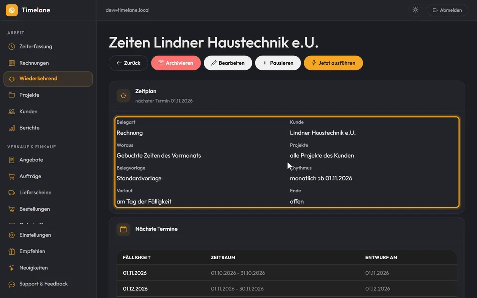 Die Planseite mit dem Abschnitt „Zeitplan“