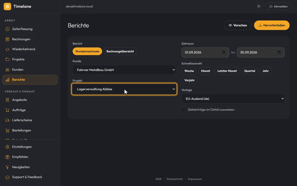 Kunde und Projekt gewählt
