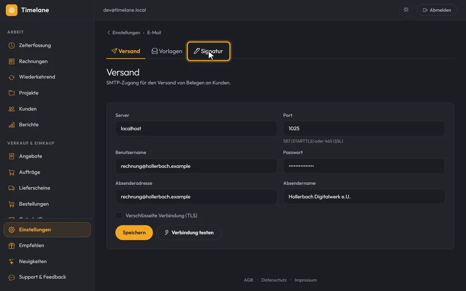 Die Seite „E-Mail“ mit ihren Reitern