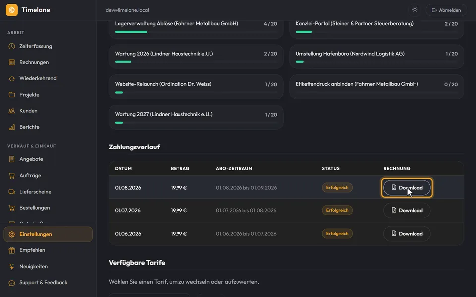 Der „Zahlungsverlauf“ mit dem Knopf „Download“