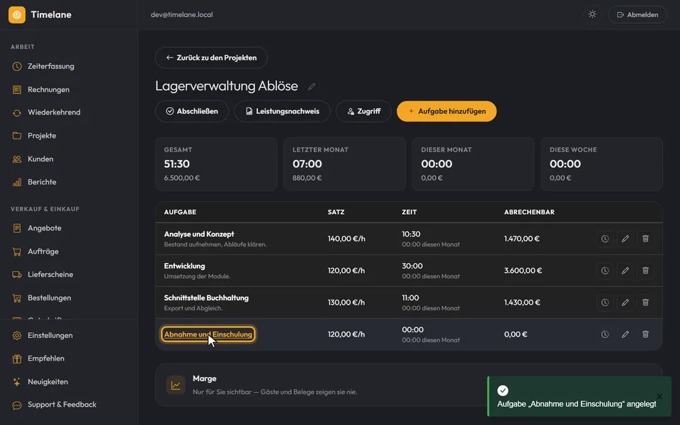 Die neue Aufgabe in der Liste