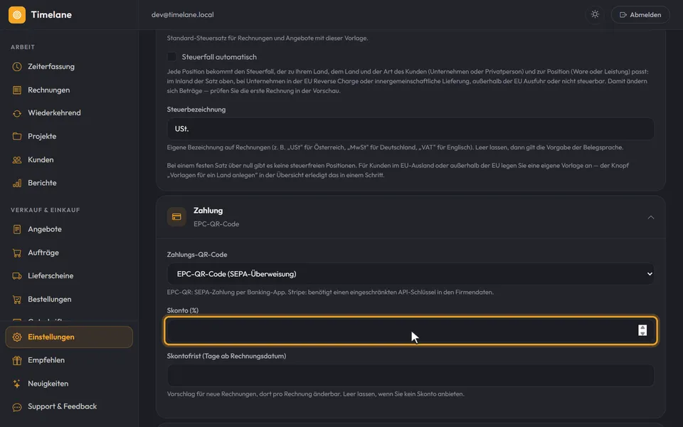Die Felder „Skonto (%)“ und „Skontofrist“