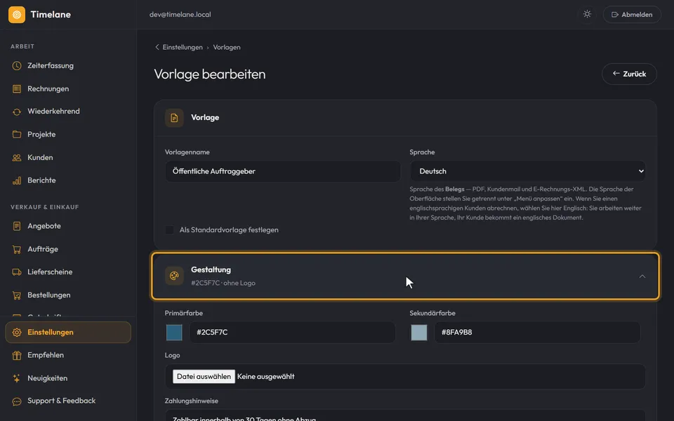 Der Abschnitt „Gestaltung“ im Vorlageneditor