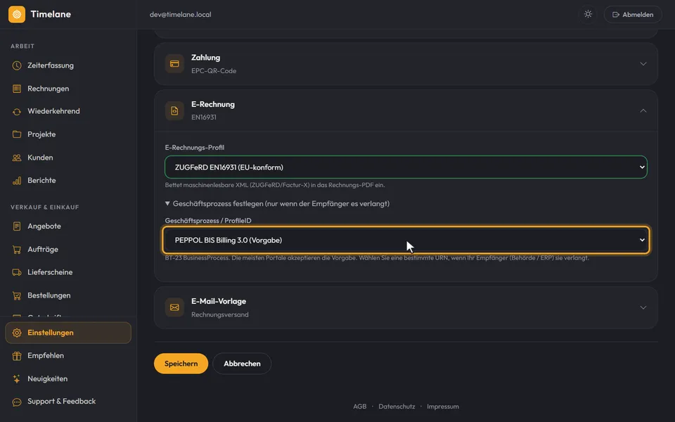 Das aufgeklappte Feld „Geschäftsprozess / ProfileID“