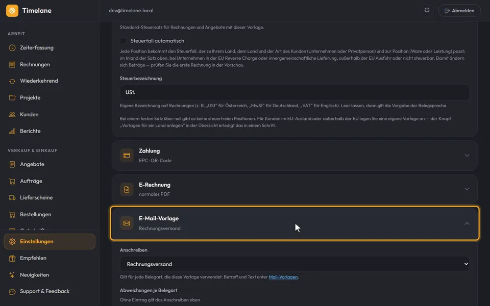 Der aufgeklappte Abschnitt „E-Mail-Vorlage“