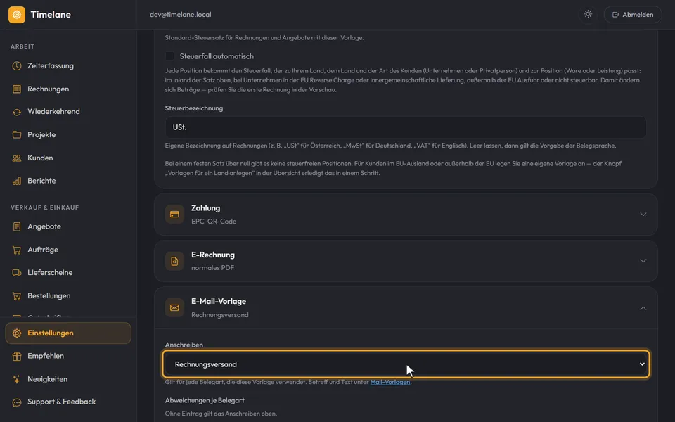 Bei „Anschreiben“ ist eine eigene Mail-Vorlage gewählt