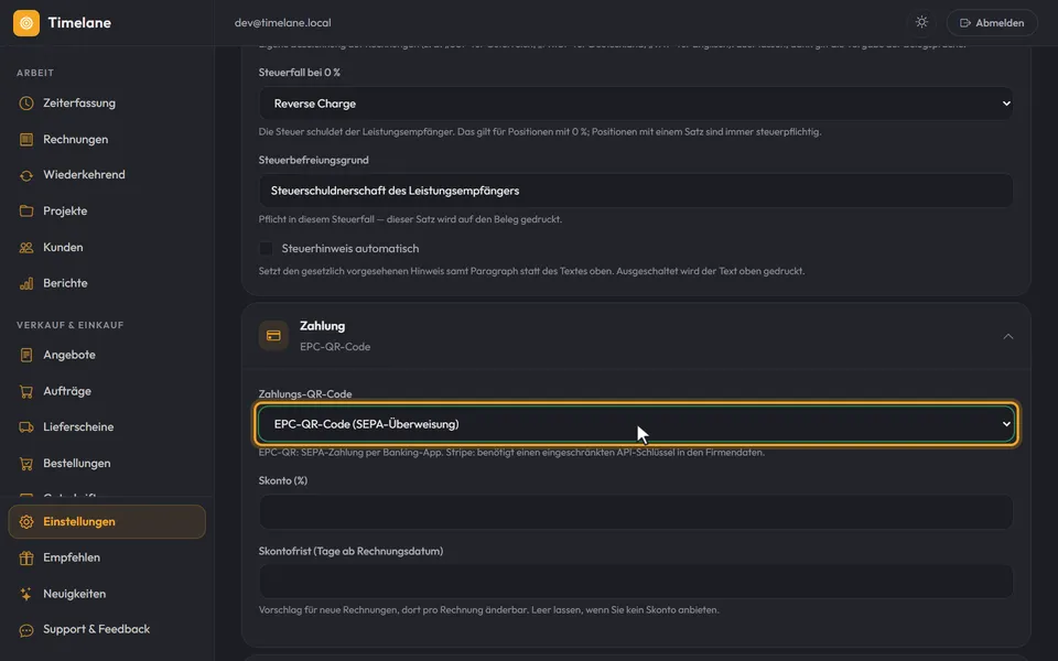 Der Abschnitt „Zahlung“ mit „EPC-QR-Code (SEPA-Überweisung)“
