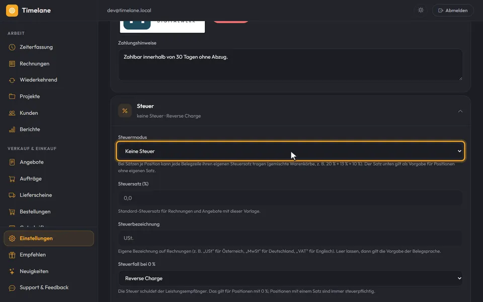 Der Abschnitt „Steuer“ mit dem Steuermodus „Keine Steuer“