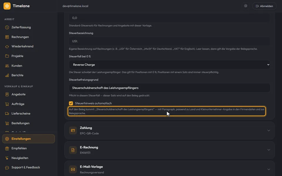 Der Haken bei „Steuerhinweis automatisch“ und der Text, der auf den Beleg kommt
