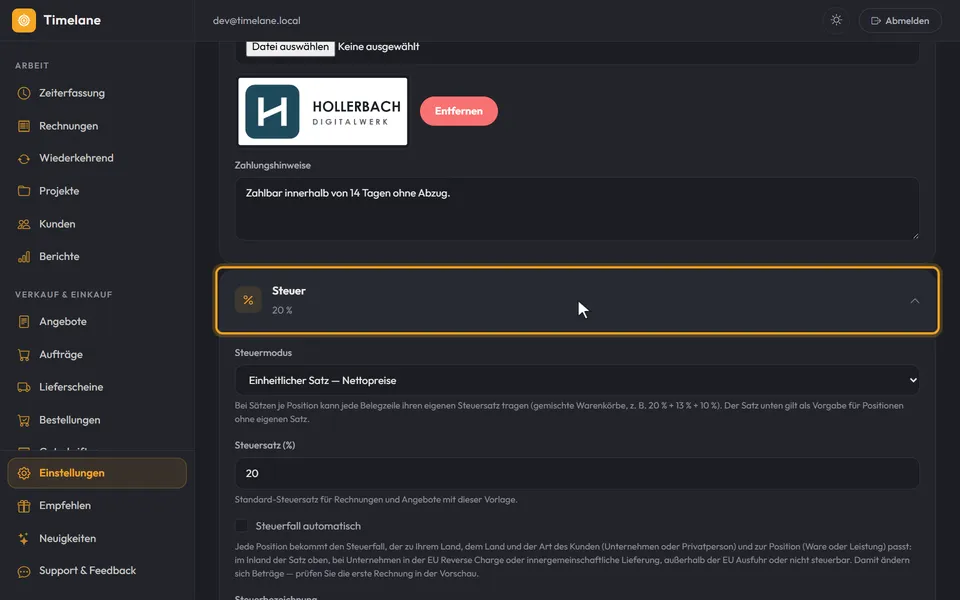 Der Abschnitt „Steuer“ im Vorlageneditor