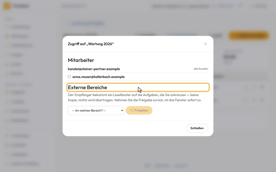 Der Dialog „Zugriff“ mit dem Abschnitt „Externe Bereiche“