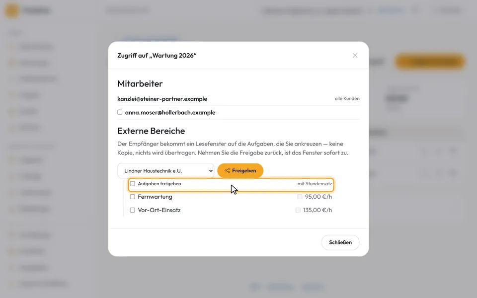 Der Bereich des Auftraggebers ist gewählt, darunter die Aufgaben