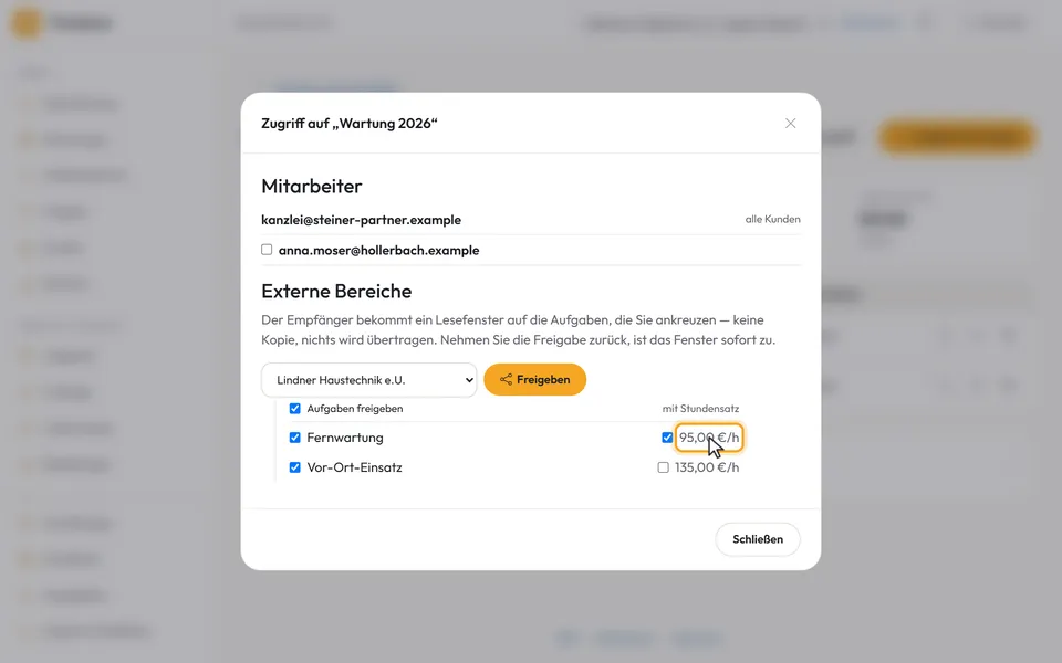 Alle Aufgaben sind angekreuzt, bei „Fernwartung“ auch der Stundensatz