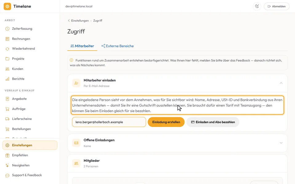 Die eingetragene Mailadresse, darüber der Hinweis