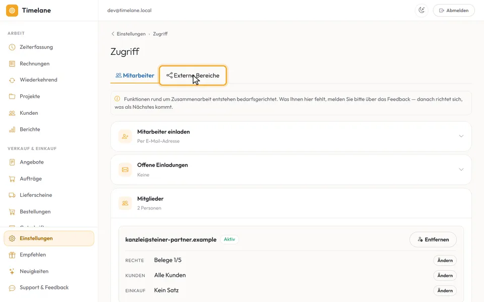 Der Kopf der Seite „Zugriff“ mit den Reitern „Mitarbeiter“ und „Externe Bereiche“