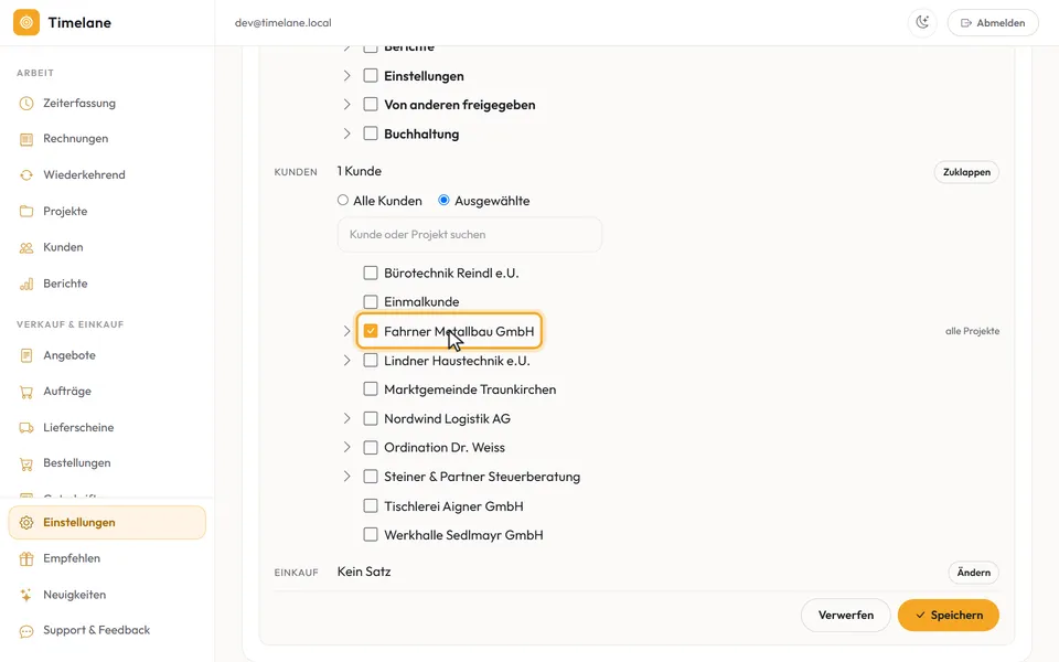 Die Auswahl „Ausgewählte“ mit einem angehakten Kunden