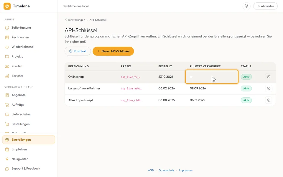 Die neue Zeile mit Präfix und „Zuletzt verwendet“
