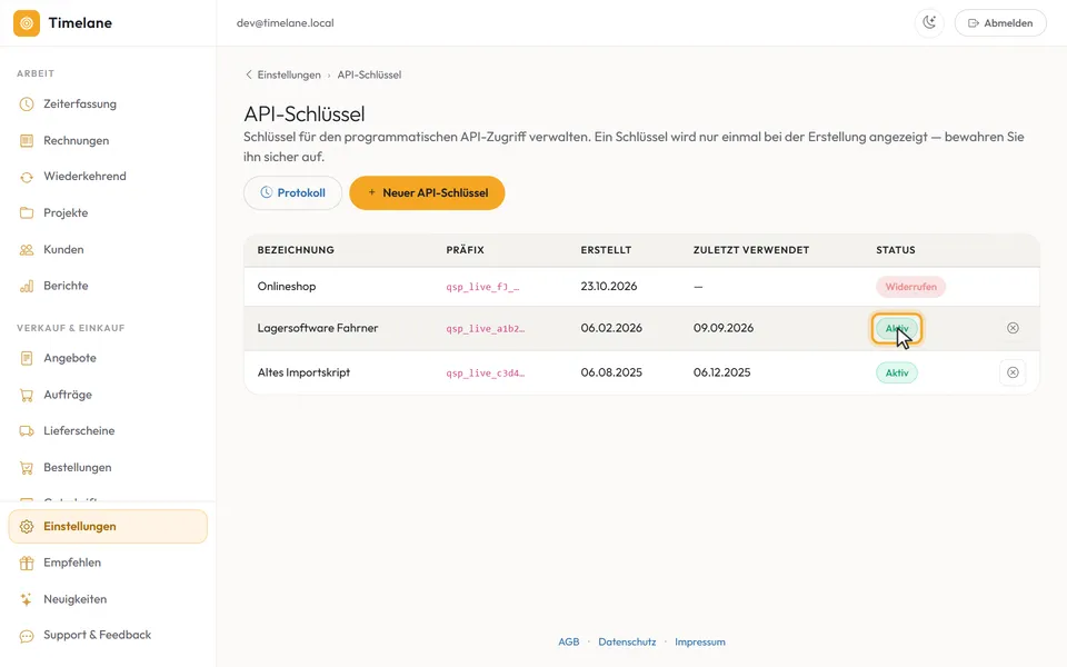 Eine Zeile mit dem Status „Aktiv“