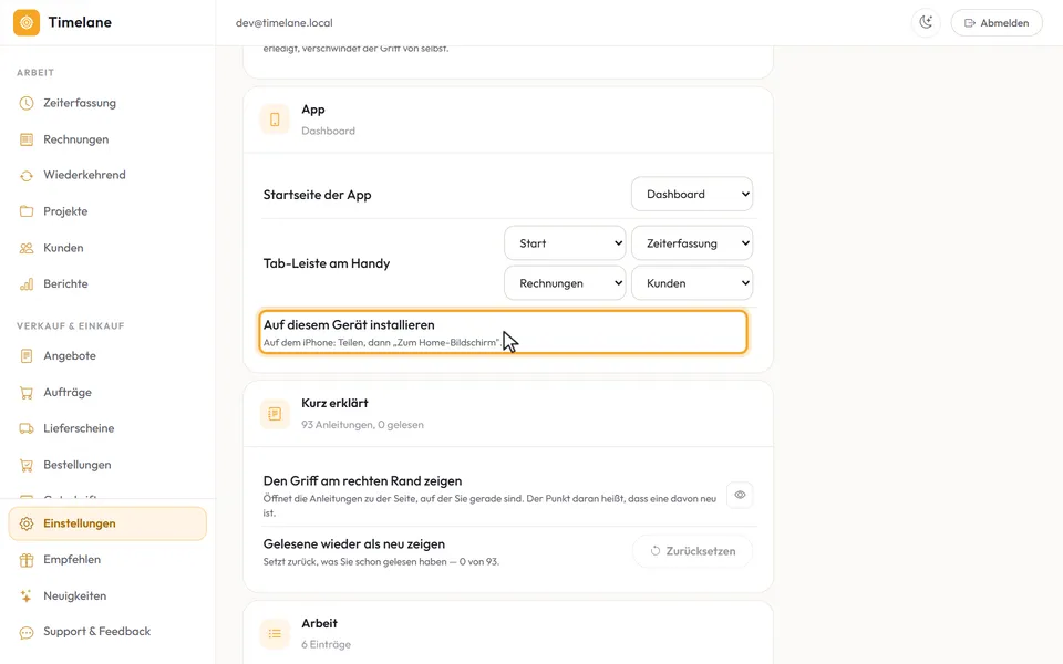 Der Abschnitt „App“ unter „Menü anpassen“
