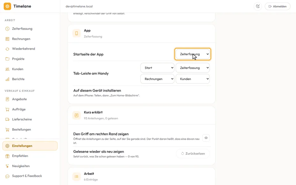 „Startseite der App“ steht auf „Zeiterfassung“