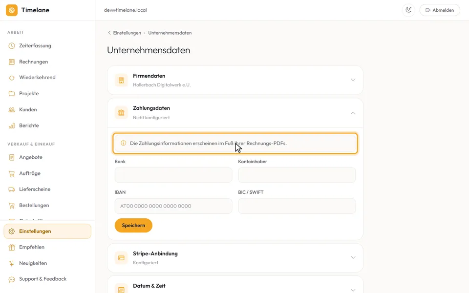 Der aufgeklappte Abschnitt „Zahlungsdaten“ mit der Hinweiszeile