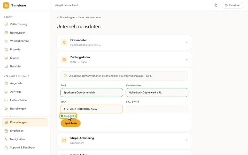 Unter der IBAN steht „IBAN gültig“