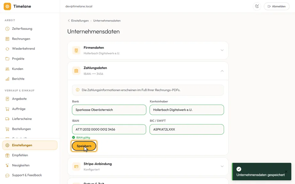 BIC eingetragen, die Meldung „Unternehmensdaten gespeichert“