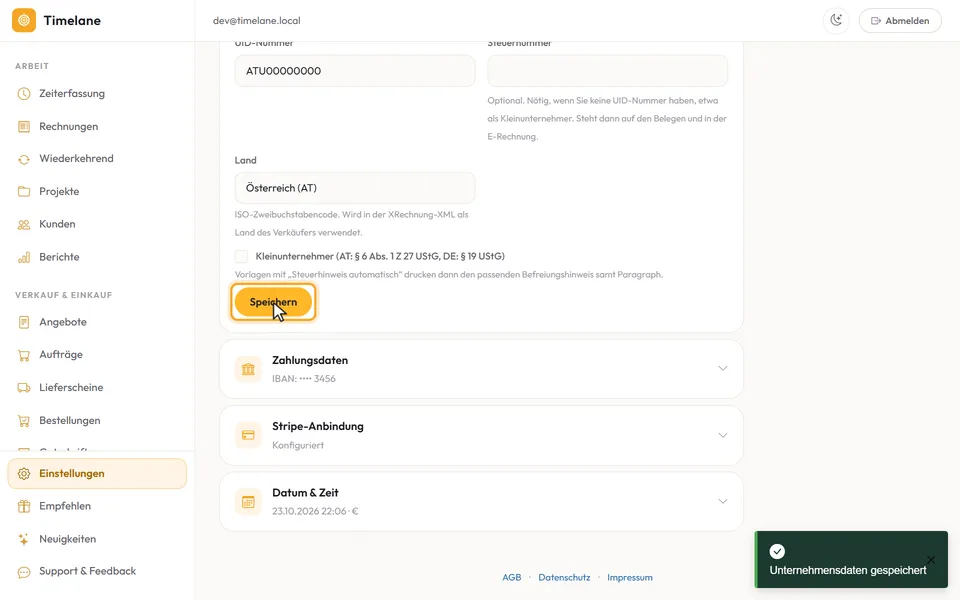 Die Meldung „Unternehmensdaten gespeichert“