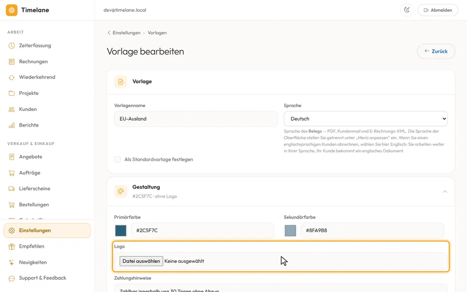 Der Abschnitt „Gestaltung“ mit dem Feld „Logo“