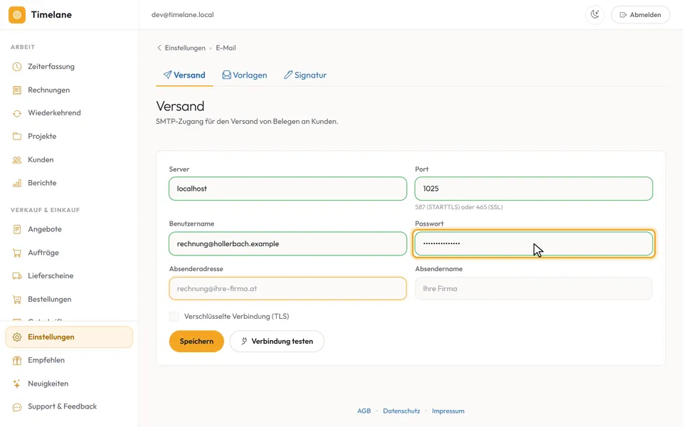 Server, Port, Benutzername und Passwort sind eingetragen