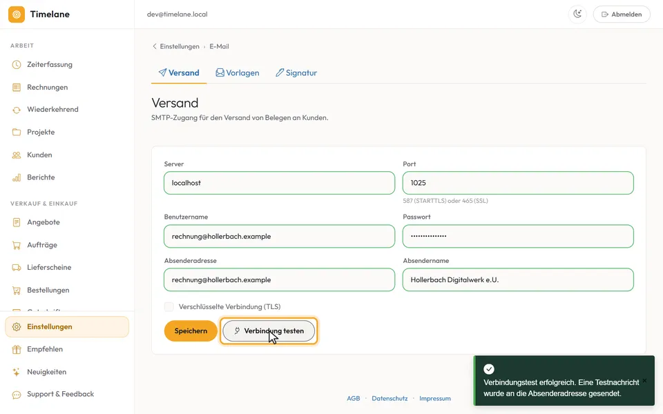 Die Meldung „Verbindungstest erfolgreich“
