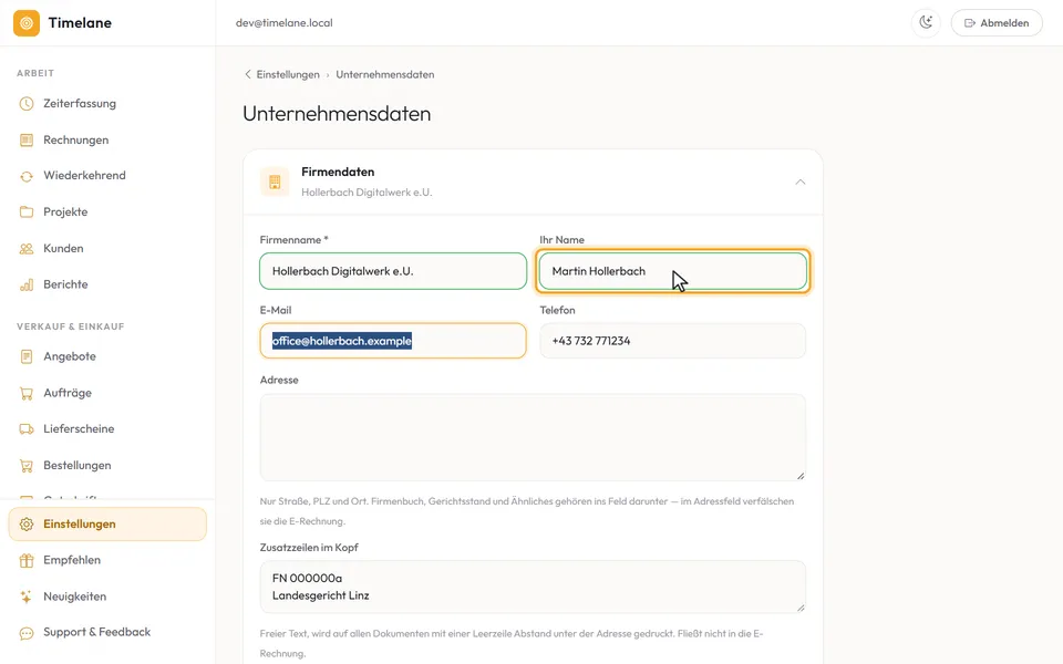 Firmenname und Ihr Name sind eingetragen