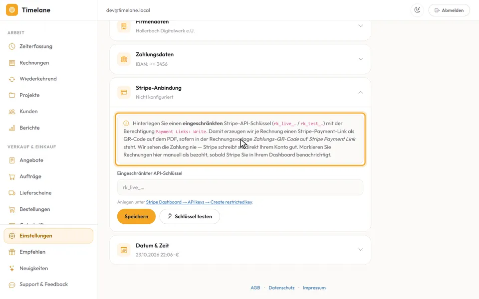 Der aufgeklappte Abschnitt „Stripe-Anbindung“ mit dem Hinweiskasten