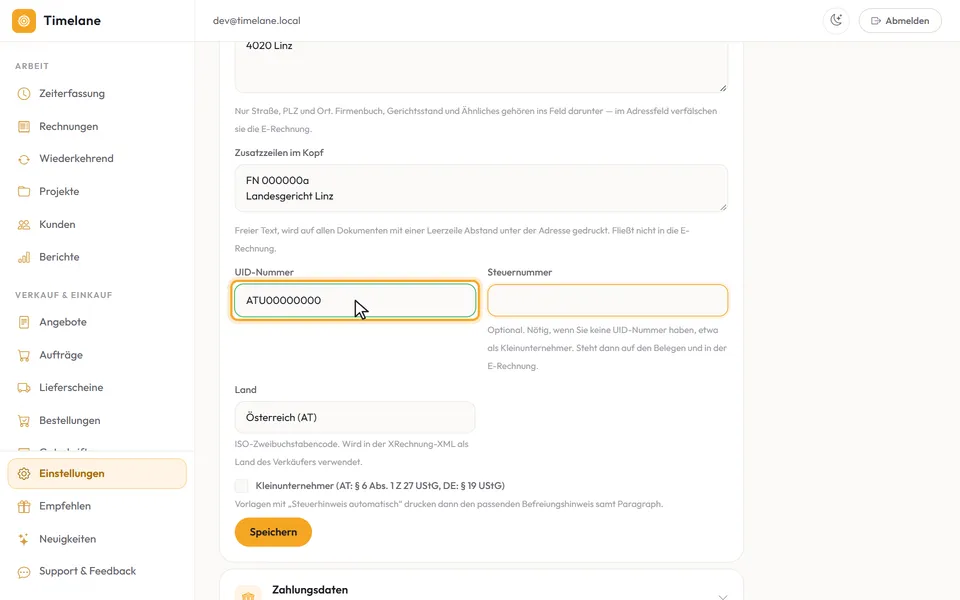 Das Feld „UID-Nummer“ mit eingetragener Nummer