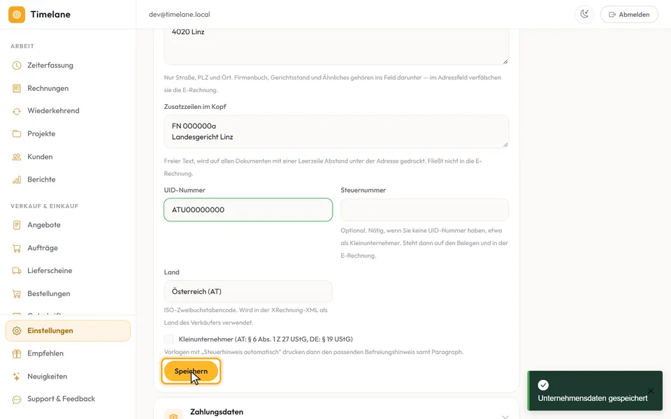 Die Meldung „Unternehmensdaten gespeichert“